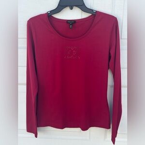 Women's Escada  Red Tee T- Shirt Rhinestone Logo Cotton Stretch long sleeves M